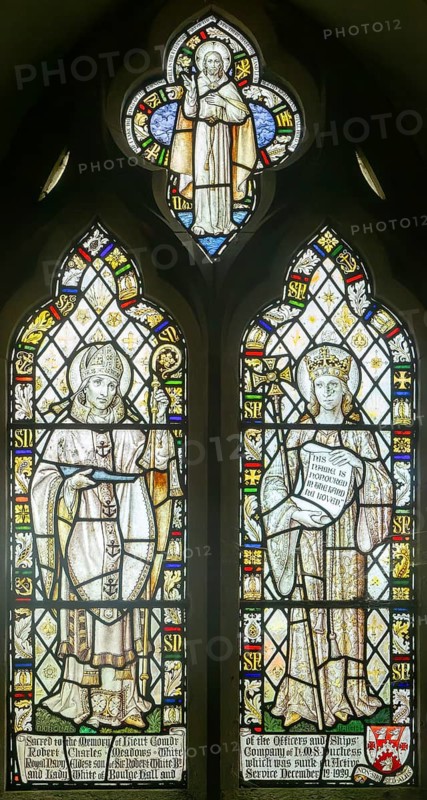 Church stained glass window of Saint Nicholas and Faith, by Clayton and Bell 1939, Boulge, Suffolk, England, UK - HMS Duchess sinking memorial