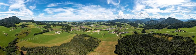 Drone image, agricultural landscape near the village of Koppl, Osterhorngruppe, Flachgau, province of Salzburg, Austria
