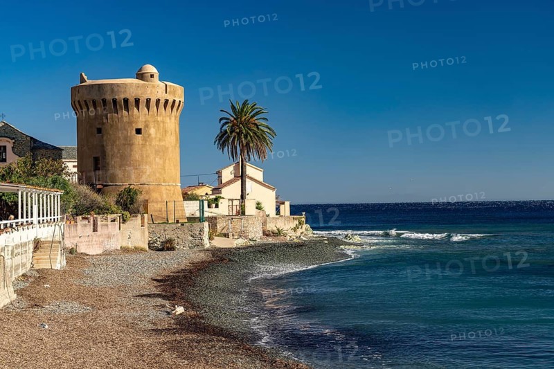 Santa-Maria-di-Lota beach and Genoese tower, Cap Corse, Corsica, France