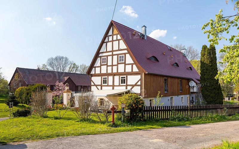 Renovated half-timbered house in the village, farmhouse in Birmenitz, Lommatzsch, Saxony, Germany