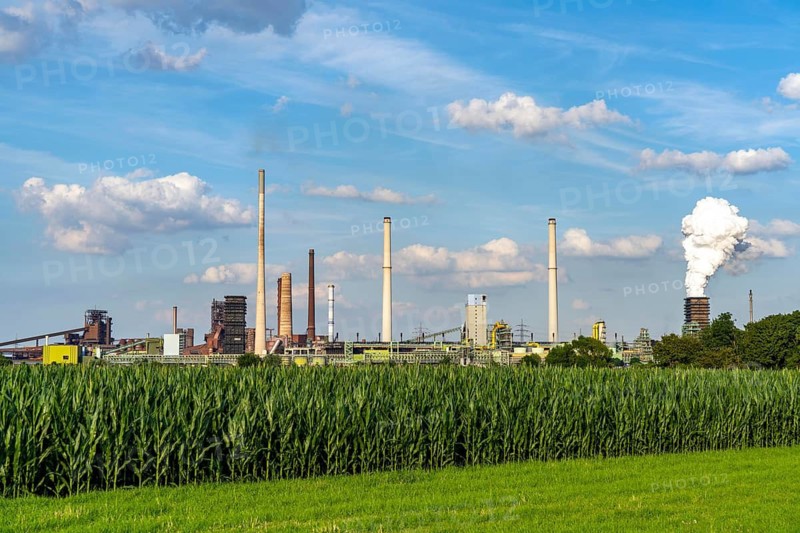 Fields in the Orsoyer Rheinbogen, left bank of the Rhine, in the background the ThyssenKrupp Steel steelworks in Bruckhausen, right bank of the Rhine, Duisburg, North Rhine-Westphalia, Germany