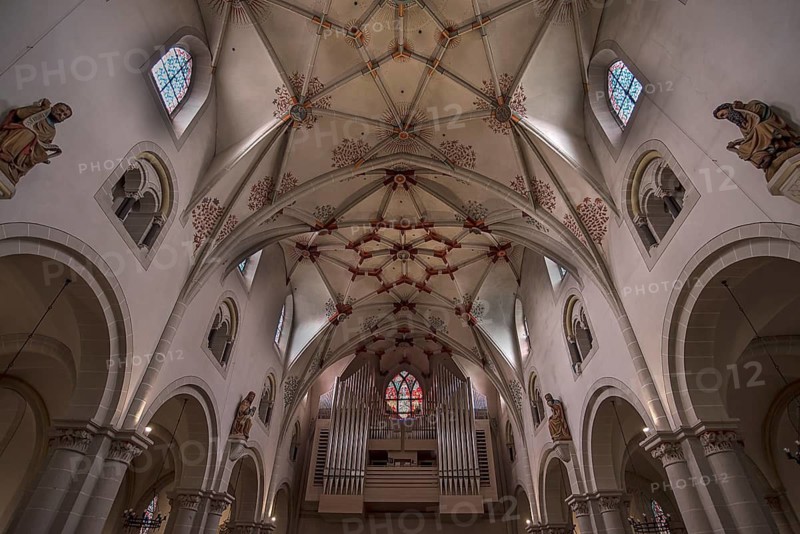 Ceiling vault with organ gallery of the Basilica Sankt Kastor, Koblenz, Rhineland-Palatinate, Germany