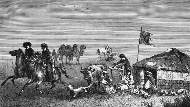 Camp of the nomadic Western Mongolian Kalmyks in the steppe, living tent of a family with several generations, horsemen, cattle breeding, horses, camels, cattle, geography, Kalmykia or Kalmykia, autonomous republic in Russia, historical illustration 1888