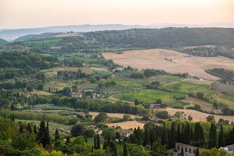 View from Montepulciano into a typical Tuscan landscape in Val d'Orcia with hills, trees, fields, cypresses and farm houses in summer, Montepulciano, Tuscany, Italy