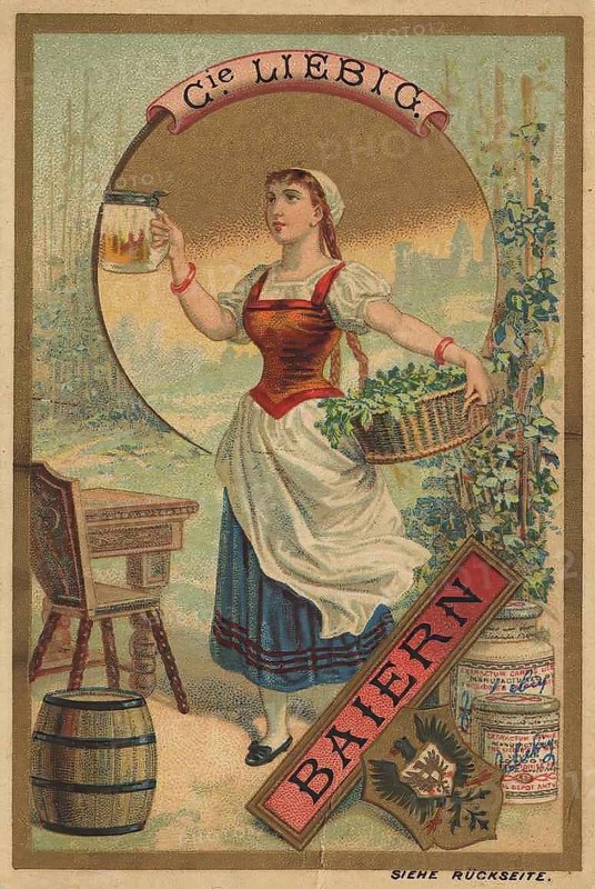 Picture series Drinks of the countries, Germany, Bavaria, Beer, Liebig picture, digitally restored reproduction of a collector's picture from around 1900, public domain, exact date unknown, A Bavarian woman raises a beer mug in a rustic setting
