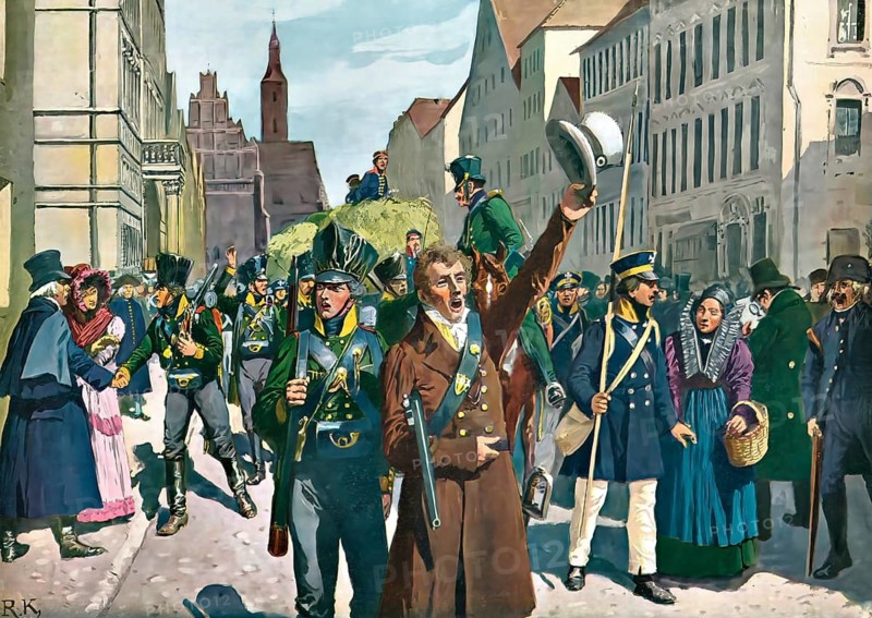 Uprising in Breslau, 1813, Wars of Independence 1813-15, a painting by Richard Knötel, Erhebung gegen die französische Herrschaft in Breslau, 1813, Beginn der Befreiungskriege 1813-15