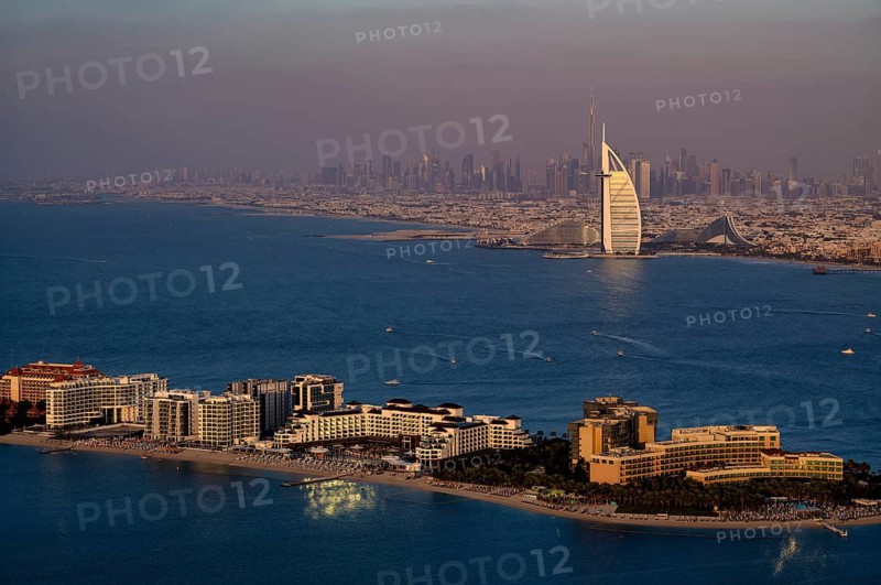 View from viewing platform The View At the Palm, on Hotel Burj al Arab, Burj Khalifa, Downtown, Palm Jumeirah, evening light, Dubai, United Arab Emirates, VAR