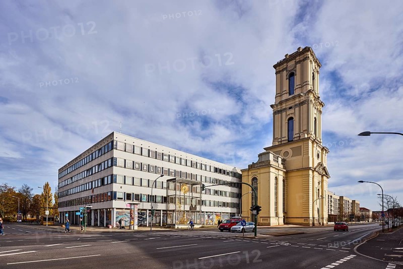 Garrison church, former data center Potsdam, church tower, building under reconstruction, general architecture, commercial building, modern architecture, street, lantern, trees, blue sky, cumulus clouds, cirrostratus clouds, intersection Breite Straße with Dortustraße, Potsdam, state capital, district-free city, Brandenburg, Germany