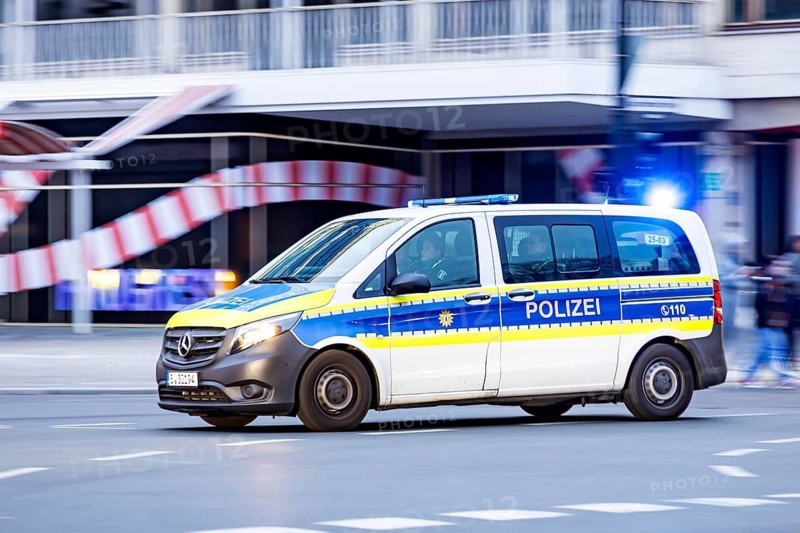 City view of Berlin. Police mission with flashing lights. Berlin, Germany