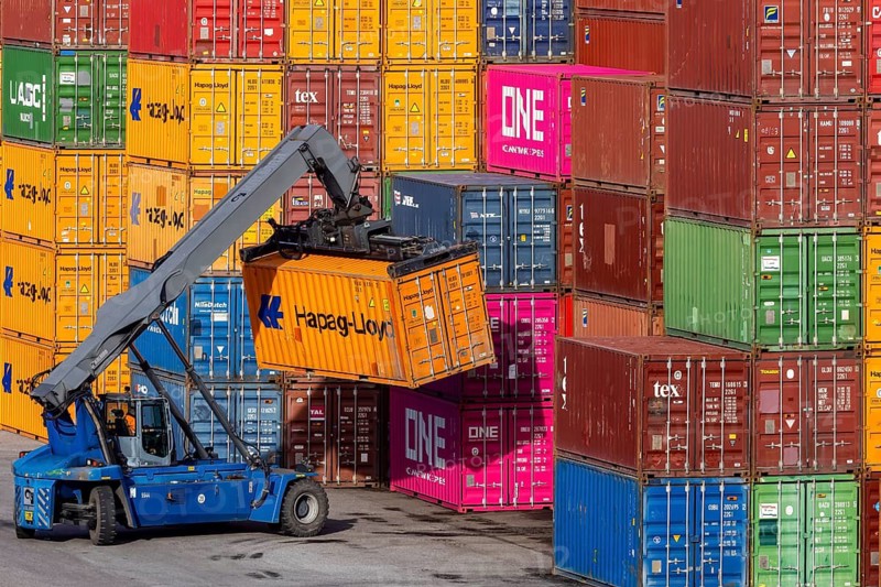 The port of Mannheim is one of the most important inland ports in Europe. The harbor basins stretch across the Rhine and Neckar. Container terminal in Mühlauhafen. Mannheim, Baden-Württemberg, Germany