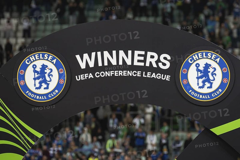 WROCLAW, POLAND - MAY 28, 2025: UEFA Conference League Final Football match Real Betis - Chelsea 1:4. Black board with logos Chelsea and text Winners UEFA Conference League