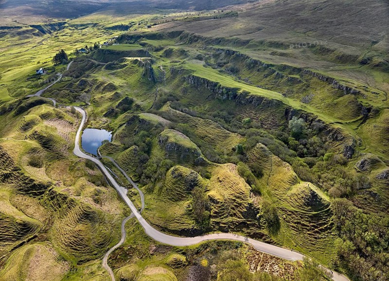 Aerial drone photo of the volcanic landscape of Glen Fairy, Isle of Skye, Scotland, UK