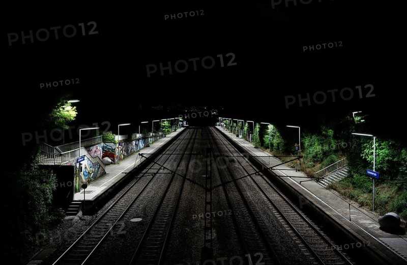 Night view, bus stop, train station, platform, abandoned, summer rain, dark, Stuttgart, Baden-Württemberg, Germany