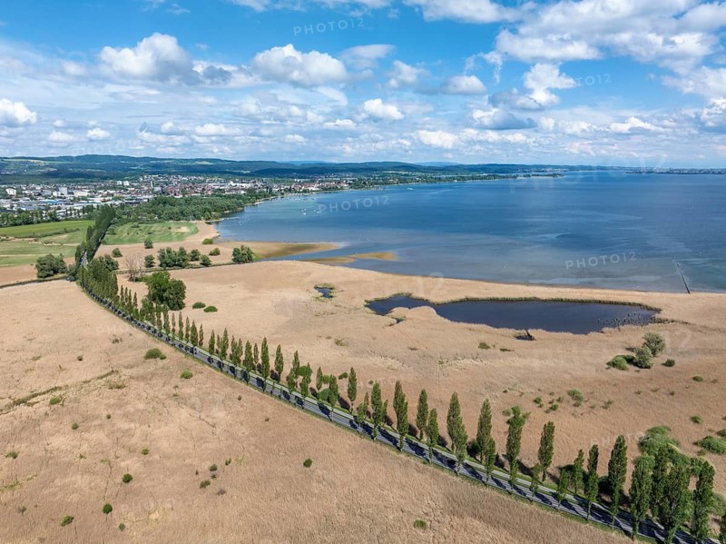 Aerial view of Mooser Damm with state road L192 which crosses Radolfzeller Aachried on the shore zone of western Lake Constance and connects the town of Radolfzell with the village of moss and the Mettnau peninsula, Konstanz district, Baden-Württemberg, Germany