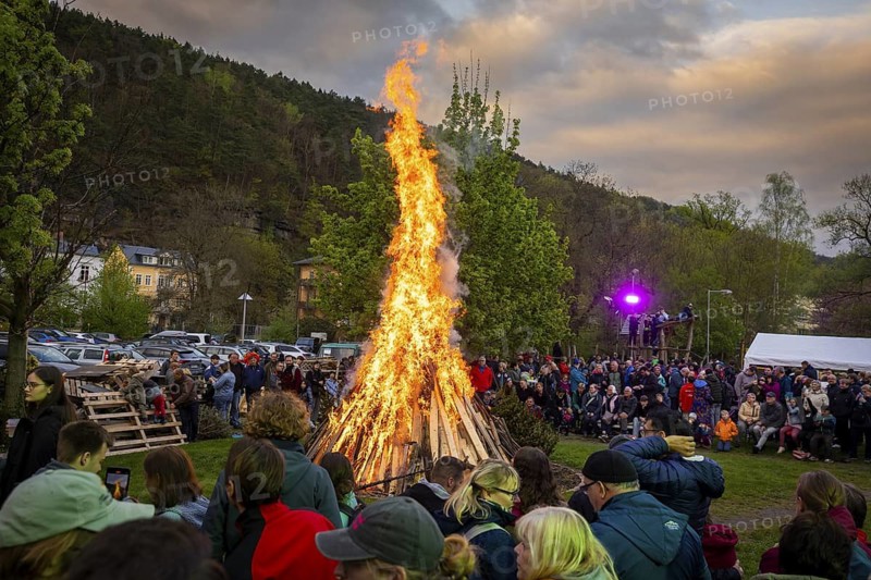 Easter bonfire on the Elbe meadows in Bad Schandau, Bad Schandau, Saxony, Germany