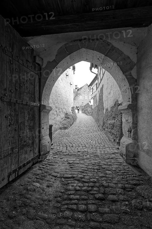 Passage, gatehouse, Wartburg, castle in the Thuringian Forest, UNESCO World Heritage, b/w photo, black and white, Eisenach, Thuringia, Germany