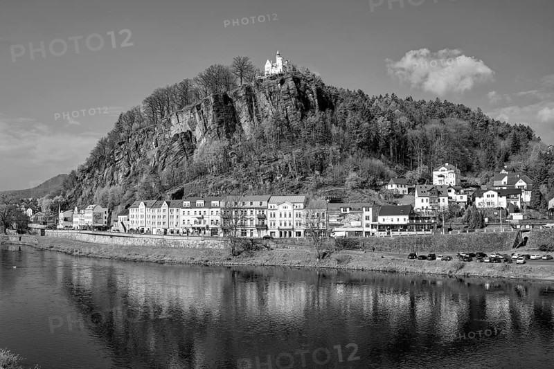 View of the Schäferwand with the restaurant and the Elbe, b/w photo, black and white, Decín, Decin, Tetschen, Bohemia, Czech Republic, Czech Republic