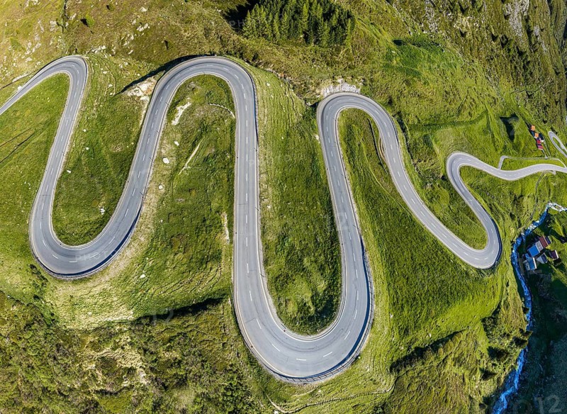 Winding curves of the Julier mountain pass, aerial view, Switzerland