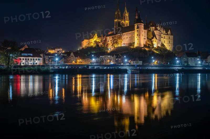 Albrechtsburg Castle and Cathedral, reflection in the Elbe at night, Meissen, Saxony, Germany, November 2024