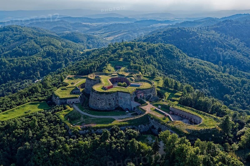 The Silberberg Fortress, Twierdza Srebrna Gora, is a mountain fortress from the 18th century. It is the largest fortress in Europe and is on the list of candidates for UNESCO World Heritage. aerial view. Srbrna Gora, Stoszowice, Peterwitz, Silesia, Poland
