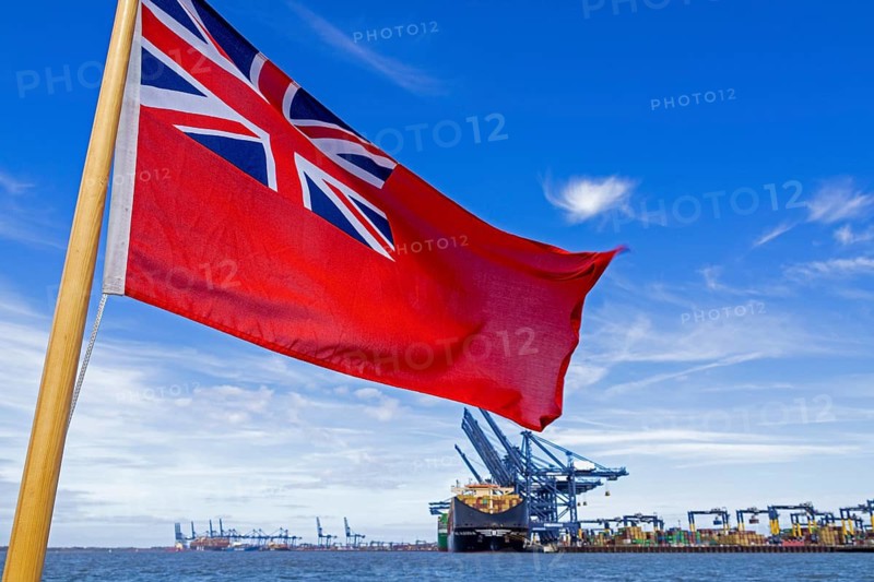 Container port, container ship, flag, Felixstowe, England, Great Britain