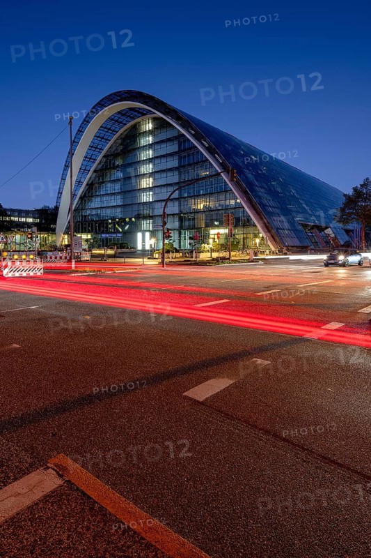 BBCC Berliner Bogen Conference Center at blue hour with light strips of vehicles in the foreground, Hammerbrook, Hamburg, Germany