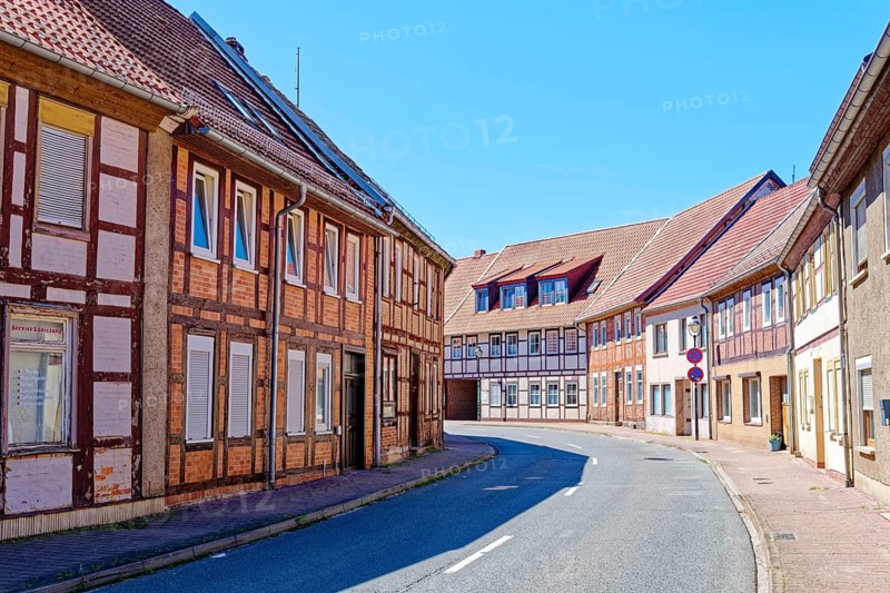 Half-timbered houses in the old town of Oebisfelde in the UNESCO Biosphere Reserve Drömling Saxony-Anhalt. Oebisfelde-Weferlingen, Börde, Saxony-Anhalt, Germany