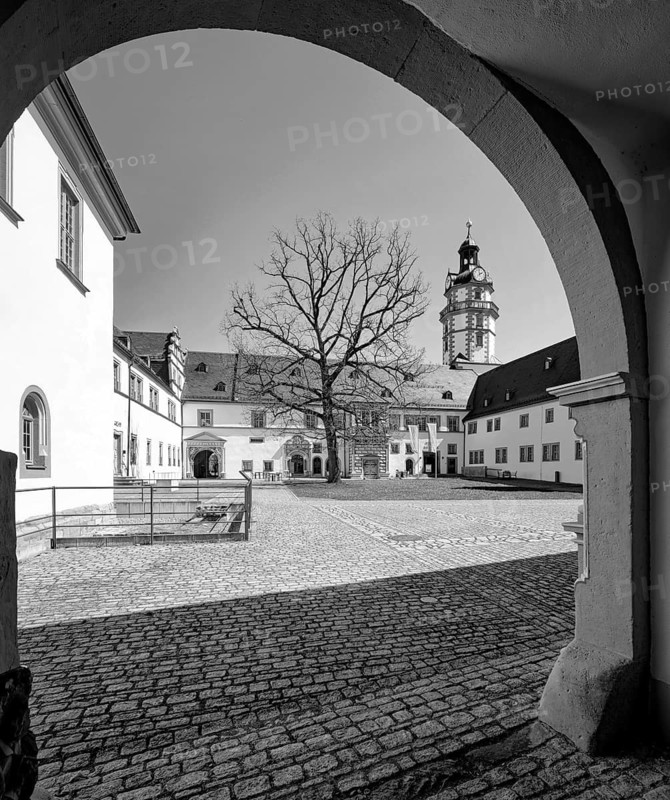 Ehrenstein Palace and Park, Renaissance Palace, Palace Complex, Castle Tower, B/W photo, black and white, tourist attraction, Ohrdruf, Thuringia, Germany