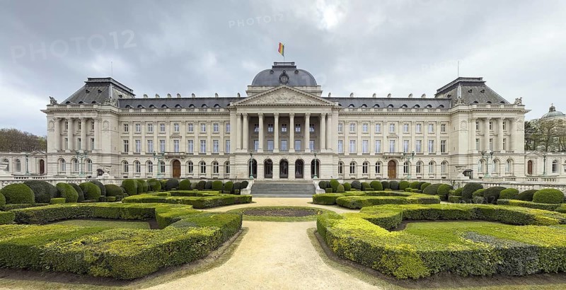 Royal Palace (Palais Royal) with symmetrical gardens and boxwood parterre in the foreground, Brussels, Belgium
