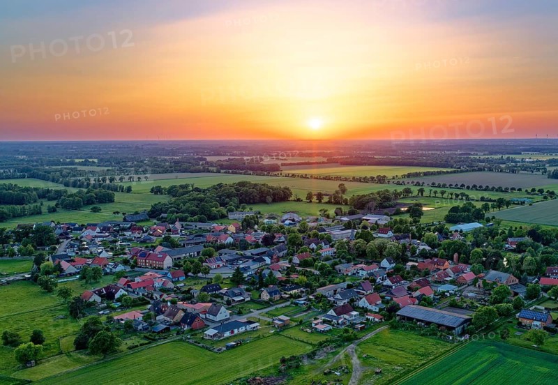 Evening over the countryside near Dannefeld in the UNESCO Biosphere Reserve Drömling Saxony-Anhalt in the Altmark. aerial view. Dannefeld, Gardelegen, Saxony-Anhalt, Germany
