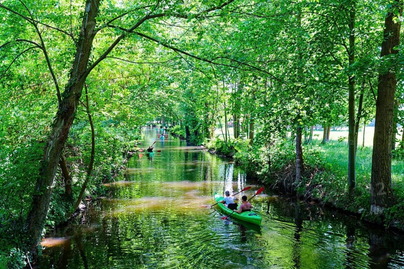 Tourists canoes on the main river Spree in the Spreewald, UNESCO Spreewald Biosphere Reserve. Castle, Brandenburg, Germany