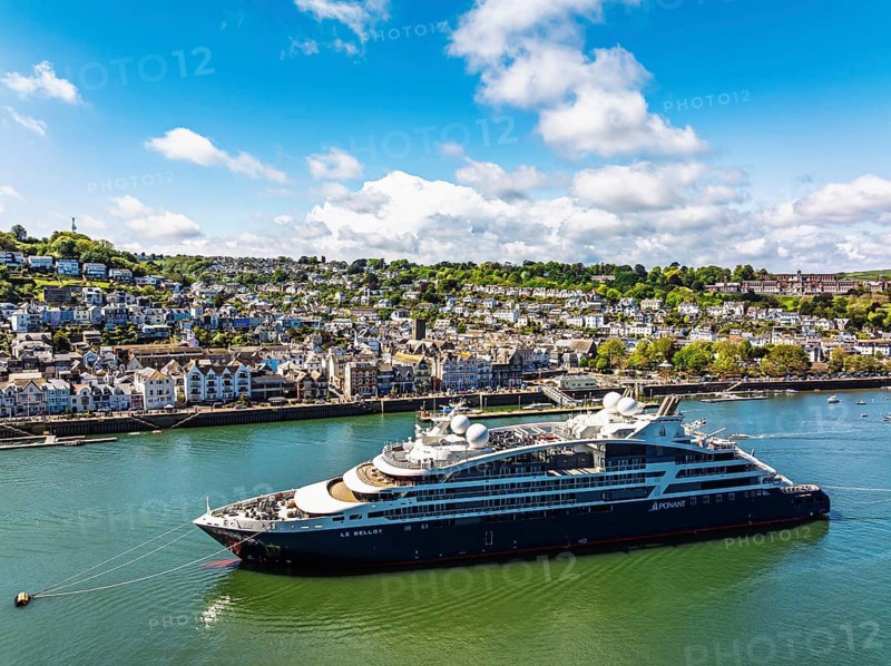 Le Bellot cruising ship on River Dart from a drone, Ponant Explorers, Dartmouth and Kingswear, River Dart, Devon, England, United Kingdom