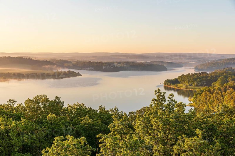 View from Julius-Mosen Tower of Pöhl Reservoir at sunrise with morning fog, Vogtland, Saxony, Germany