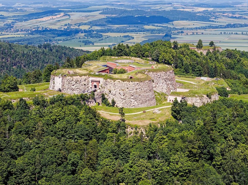 Silberberg Fortress, Twierdza Srebrna Gora, a mountain fortress from the 18th century. It is the largest fortress in Europe and is on the list of candidates for UNESCO World Heritage. aerial view. Srbrna Gora, Stoszowice, Peterwitz, Silesia, Poland