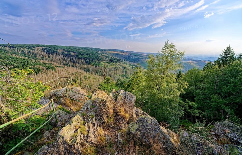 The Hammerstein Cliff with a view point in the mountain landscape in the Harz nature park Park. Harz, Landkreis Goslar, Lower Saxony, Germany