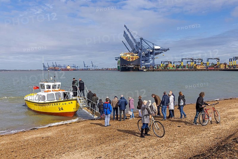 Harbour ferry, people, bicycle, beach, container port, container ship, Felixstowe, England, Great Britain
