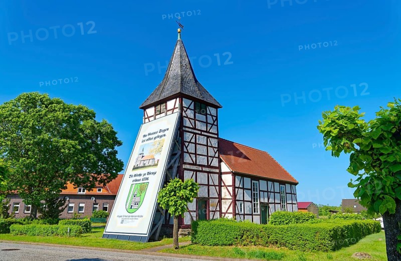 The village church of Wenze, a half-timbered church from 1736, was supported to preserve the leaning church tower. The town is located on the edge of the Drömling Saxony-Anhalt UNESCO Biosphere Reserve. Wenze, City of Klötze, Altmark Salzwedel District, Saxony-Anhalt, Germany