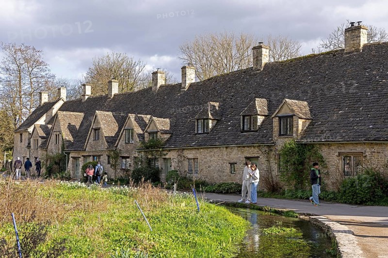 Houses, Arlington Row, Moat, Cotswold Stone, Bibury, The Cotswolds, England, Great Britain