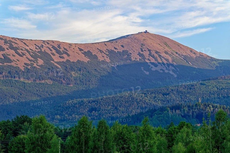North side of the ridge of the Krkonoše Mountains with the Snežka, Sniezka, highest mountain in the Sudetes, in summer. aerial view. Karpacz, Krummhübel, Lower Silesia, Poland