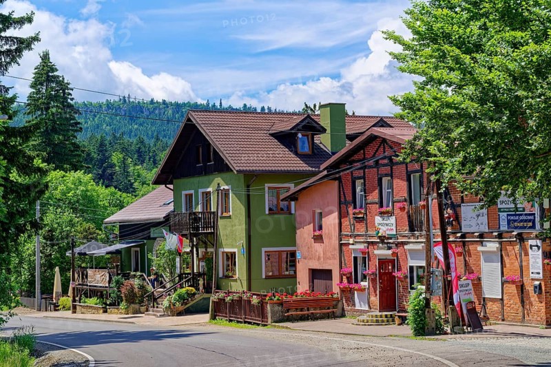 The village of Karlow, Carlsberg, in the Heuscheuergebirge National Park. The Heuscheuergebirge National Park, Park Narodowy Gopr Stolowych, is located in the Central Sudetes, Lower Silesia, in southwestern Poland. Karlow, Radkow, Szczytna, Silesia, Poland