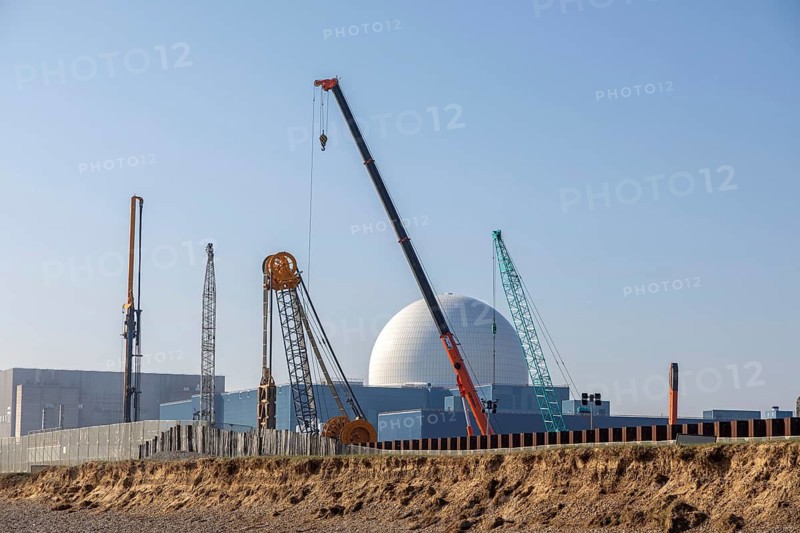 Preparatory construction work, Sizewell C nuclear power station, Sizewell, Suffolk, England, UK - Sizewell B dome in background March 2026