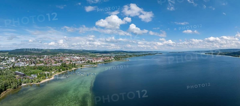 Aerial view, panorama of the town of Radolfzell on Lake Constance, on the horizon the Mettnau peninsula and the island of Reichenau in the district of Konstanz, Baden-Württemberg, Germany