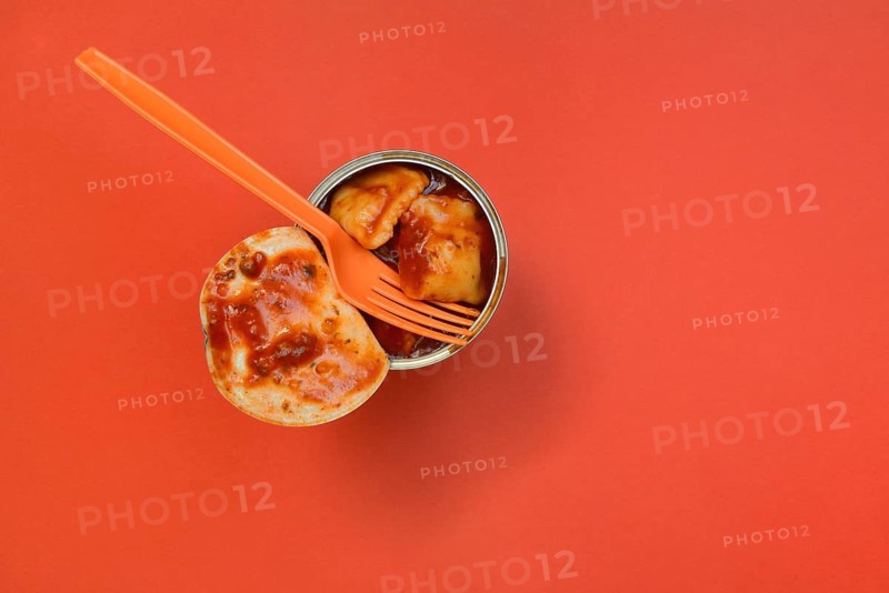Tin ravioli, ready meal in open can