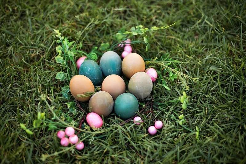 A collection of colorful Easter eggs nestled in a lush, green grassy adorned with pink berries and twigs, celebrating the spirit of spring and renewal