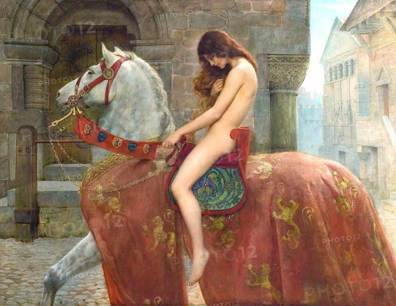 A naked woman rides a white horse through a medieval town, the horse wears a red and gold scarf. Lady Godiva, painting by John Maler Collier (28 January 1850, 11 April 1934), British writer and painter, Historical, digitally restored reproduction from a 19th century original, Record date not stated