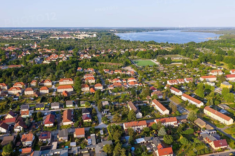Aerial view of Brieske, the garden city of Marga and Senftenberg with Lake Senftenberg, Brandenburg, Germany
