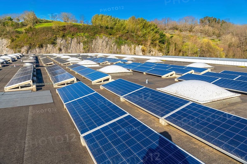 Rows of photovoltaic solar panels are mounted on a flat rooftop with skylights, providing sustainable energy for a commercial building