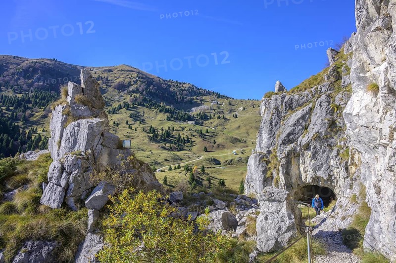 Meatte hiking trail leads along a war road from the First World War through many tunnels, Pieve del Grappa, province of Treviso, Italy