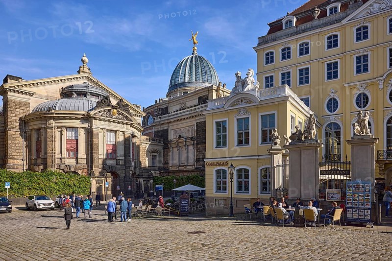 Academy of Fine Arts, Art Gallery, Historicist architectural style, Lemon squeezer, Architect Constantin Lipsius, Coselpalais restaurant and café in the Dresden Baroque architectural style, Pedestrians as accessories, An der Frauenkirche street, Dresden, state capital, independent city, Saxony, Germany