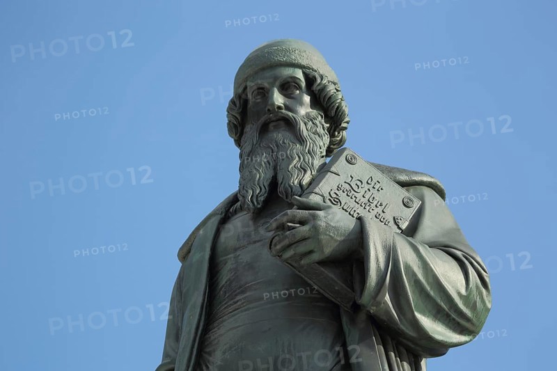 Monument to Johannes Gutenberg with Bible, sculpture, inscription, cutout, letterpress, Mainz, Rhineland-Palatinate, Germany